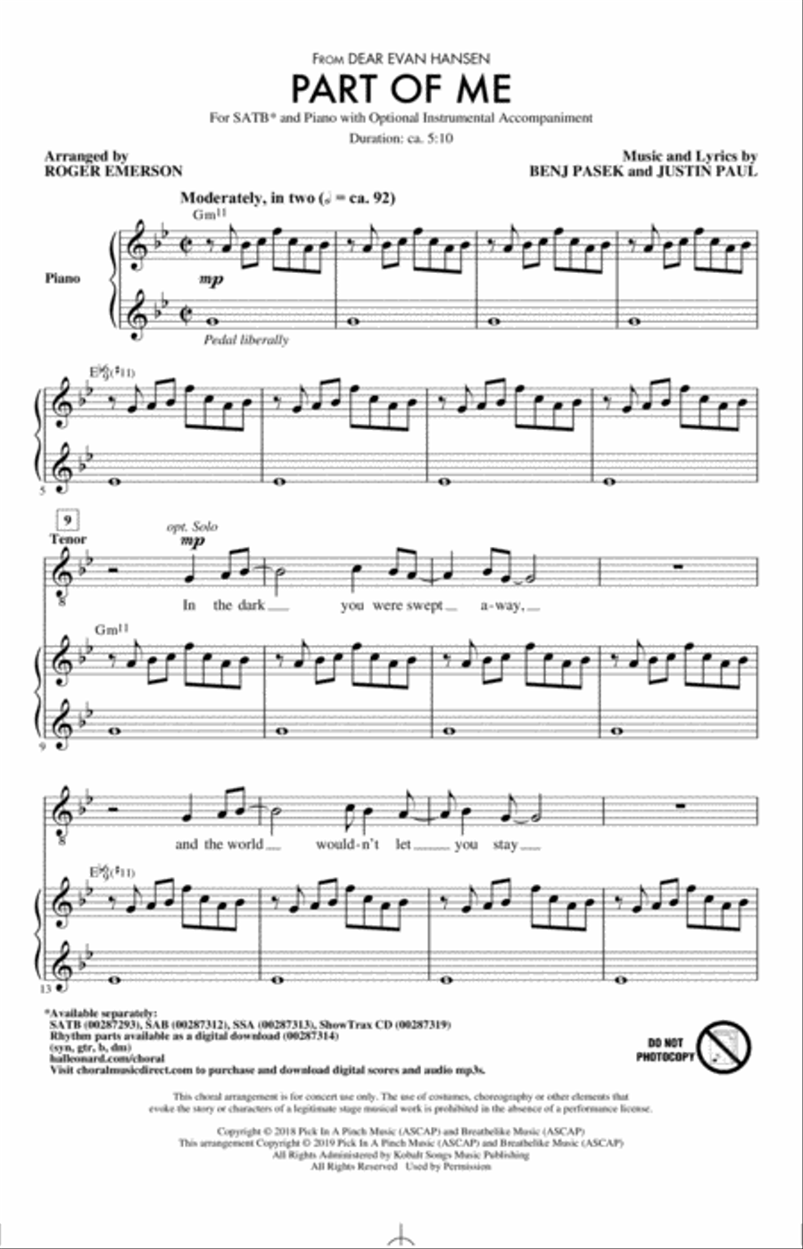 Part Of Me (from Dear Evan Hansen) (arr. Roger Emerson) 4-Part scores gallery preview page 1