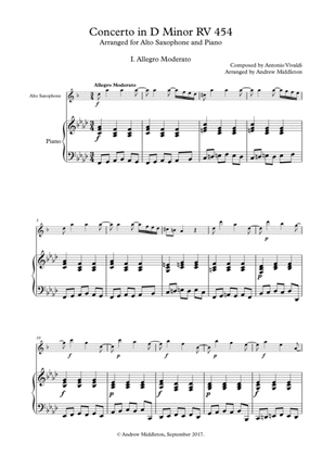 Concerto in D Minor RV454 arranged for Alto Saxophone and Piano