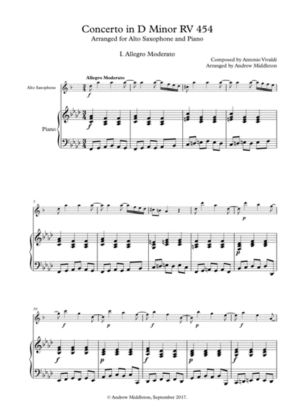 Concerto in D Minor RV454 arranged for Alto Saxophone and Piano image number null