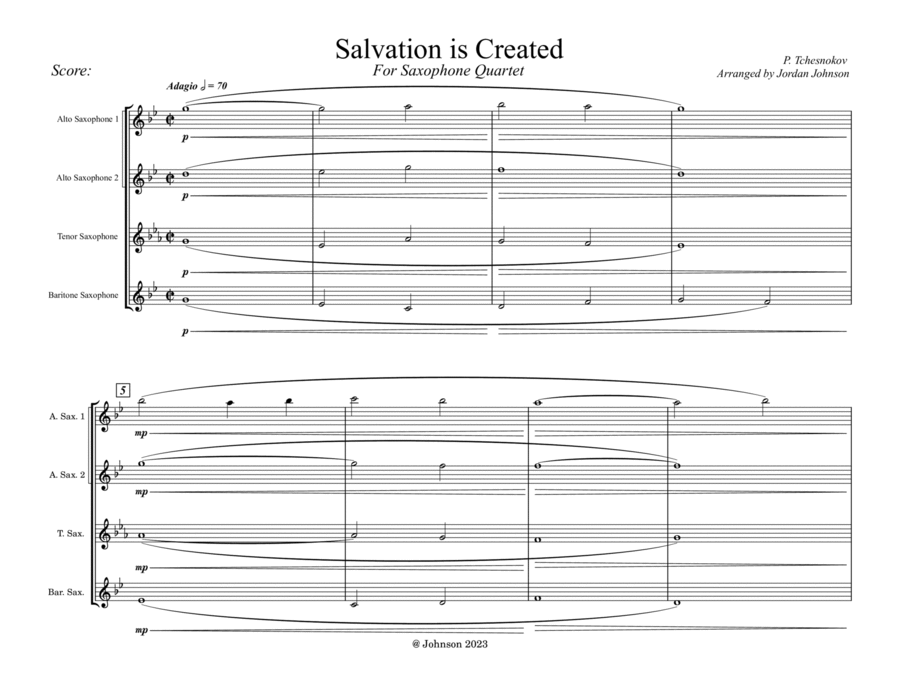 Salvation Is Created Saxophone Quartet scores gallery preview page 1