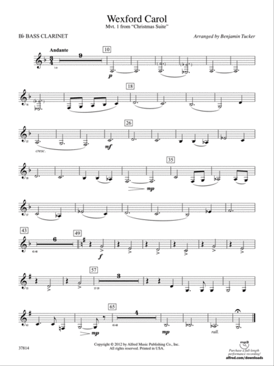 Wexford Carol: B-flat Bass Clarinet Concert Band scores gallery preview page 1