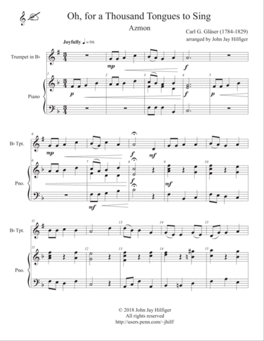 Oh, for a Thousand Tongues to Sing for Trumpet and Piano Trumpet Solo scores gallery preview page 3
