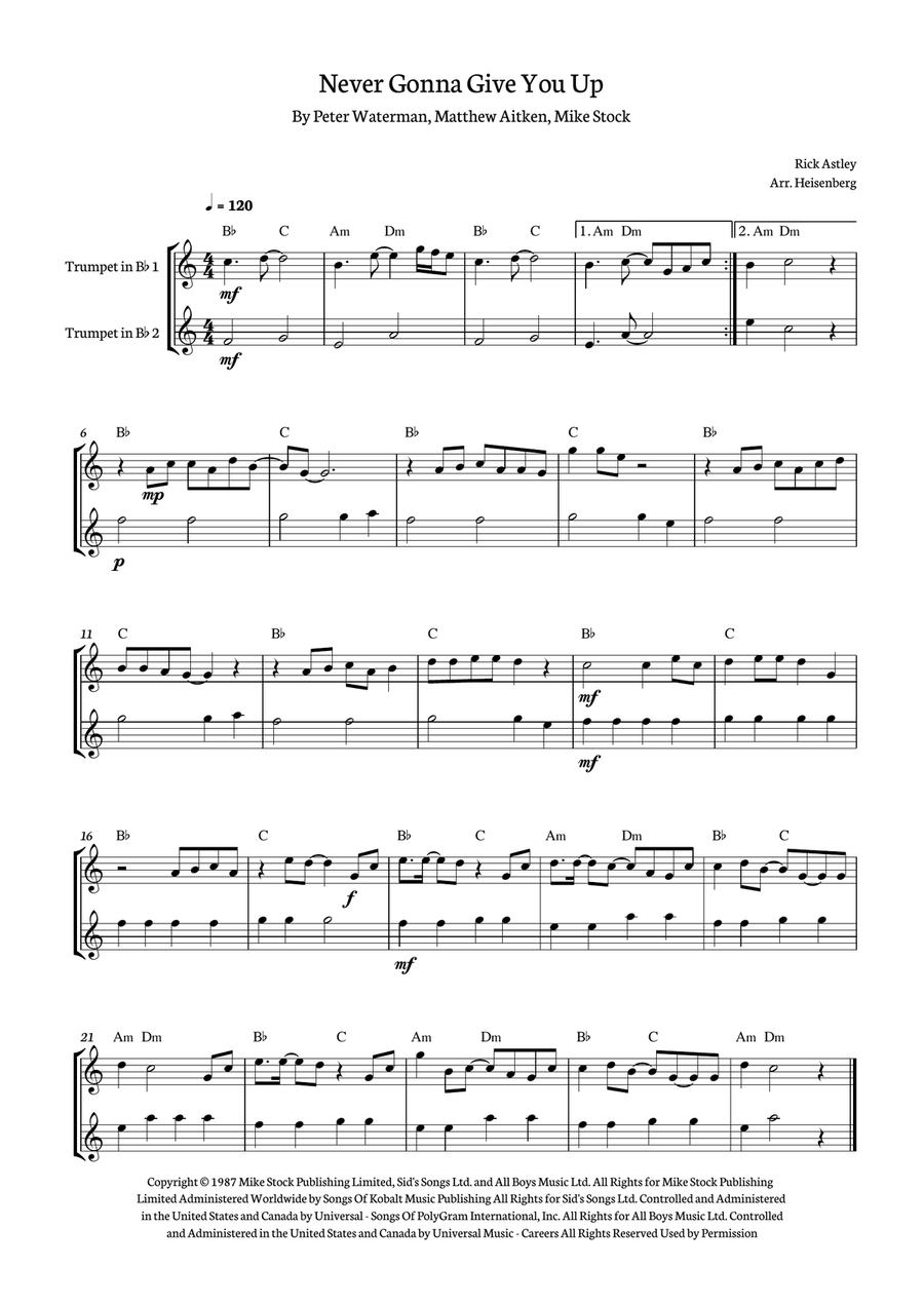 Never Gonna Give You Up Trumpet Duet scores gallery preview page 1