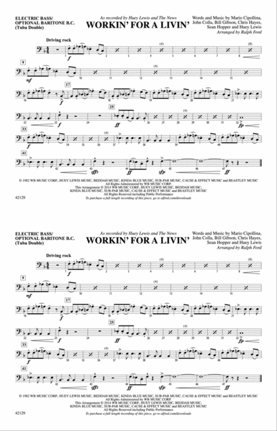 Workin' for a Livin': Electric Bass Marching Band scores gallery preview page 1