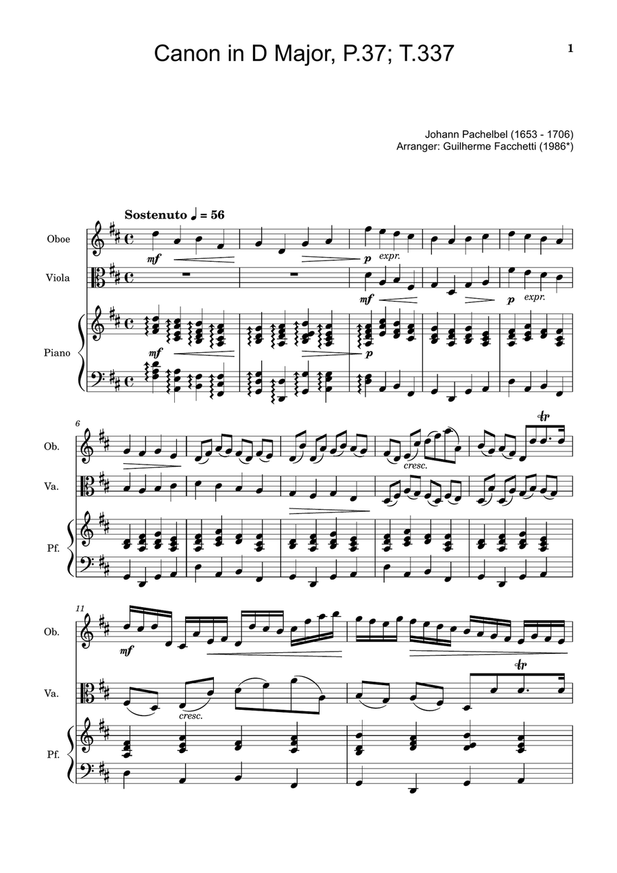 Canon in D Major, P.37; T.337. Arranged for Oboe, Viola and Piano. Score and Parts Small Ensemble scores gallery preview page 1