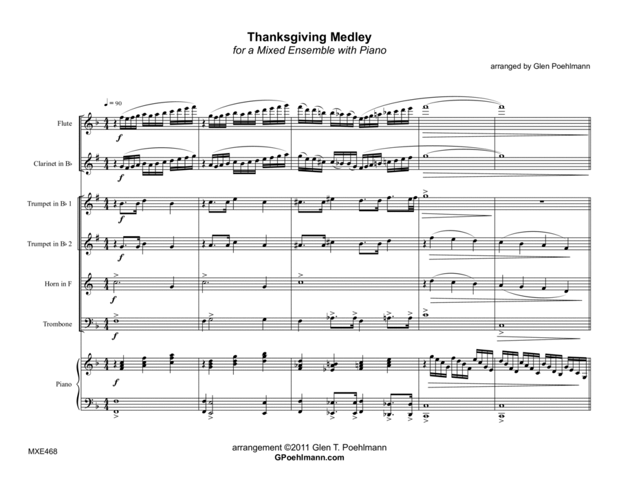 THANKSGIVING MEDLEY (4 hymn medley) - MIXED ENSEMBLE (Flute, Clarinet, 2 Trumpets, Horn & Trombone) Large Ensemble scores gallery preview page 1