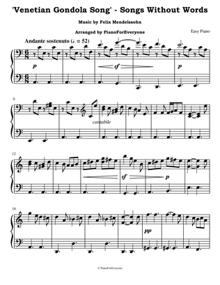 'Venetian Gondola Song' from Songs Without Words - Mendelssohn (Easy Piano)