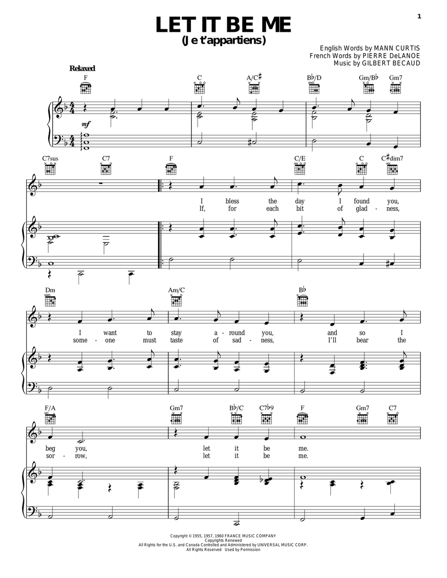 Let It Be Me (Je T'appartiens) by Elvis Presley Piano, Vocal, Guitar - Digital Sheet Music