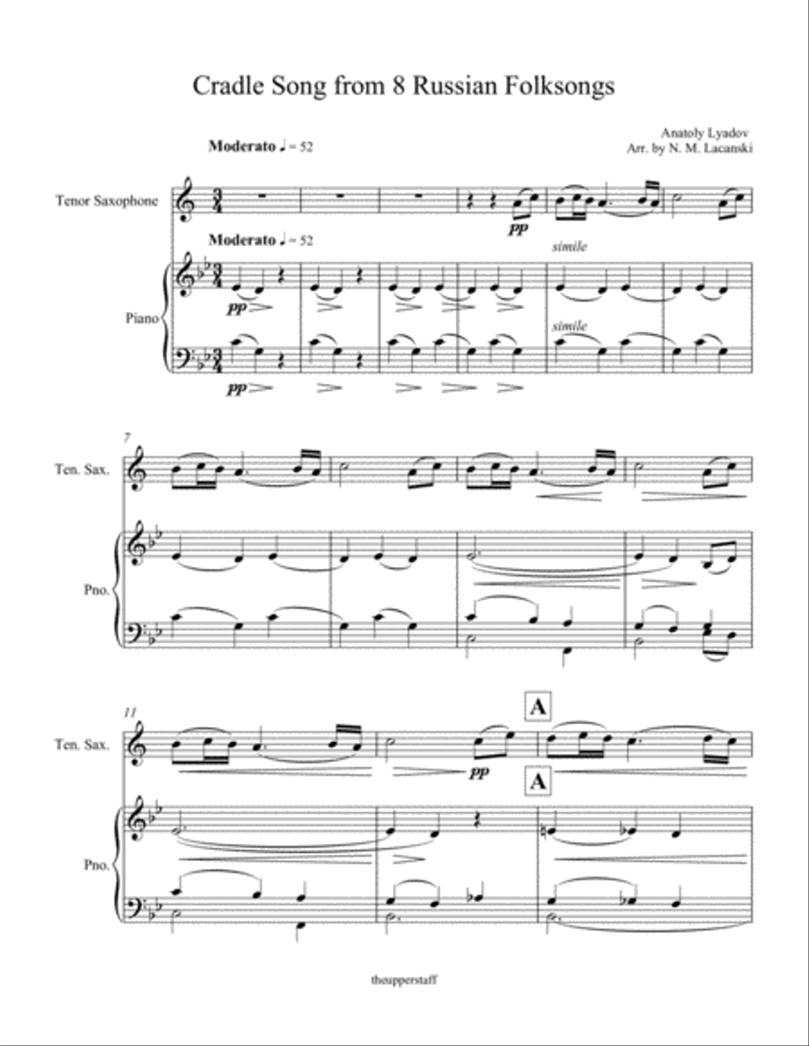 Cradle Song from 8 Russian Folksongs Tenor Saxophone scores gallery preview page 1