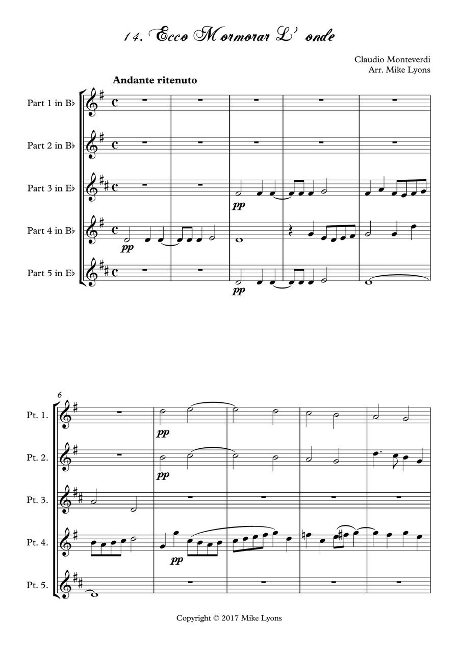 Monteverdi Second Book of Madrigals - No 14 Ecco mormorar l'onde Brass Ensemble scores gallery preview page 3