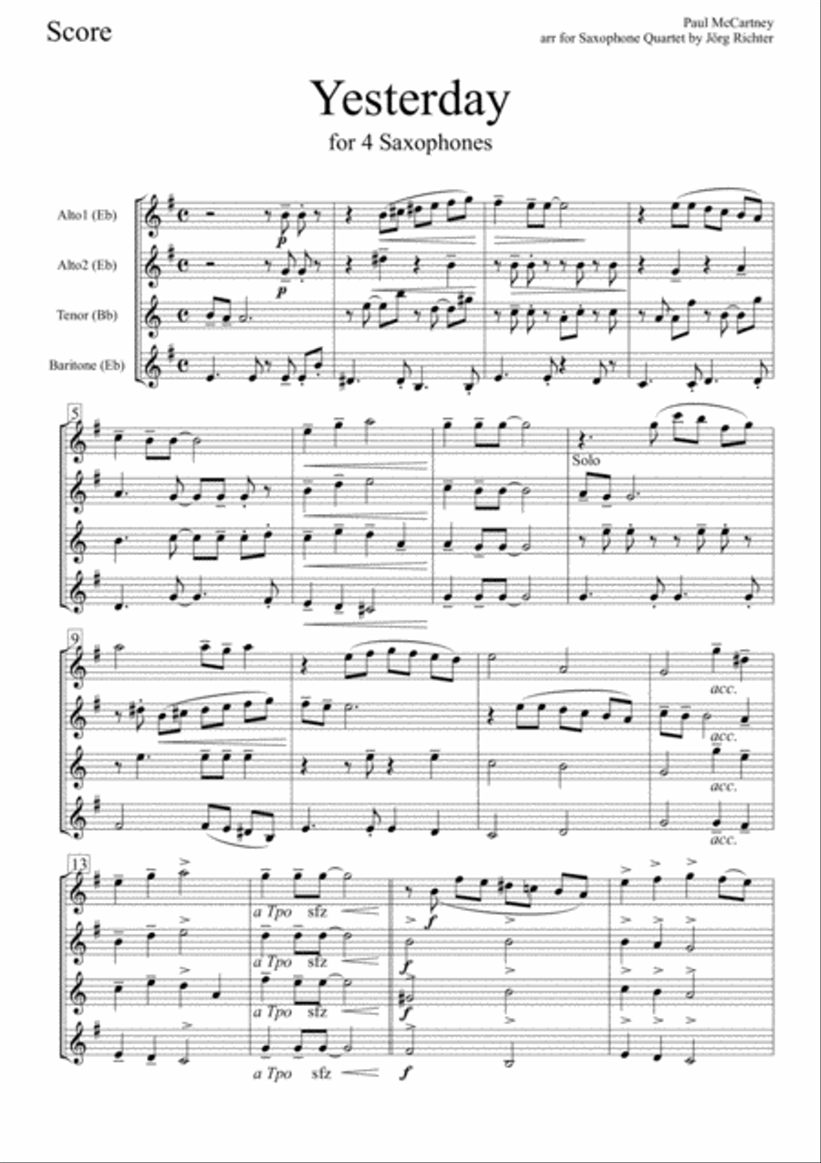Yesterday Saxophone Quartet scores gallery preview page 2