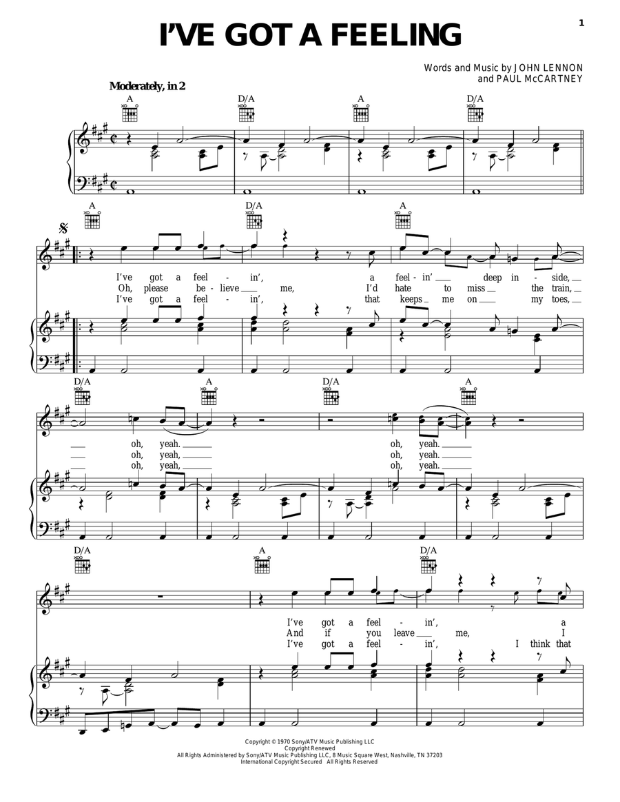 I've Got A Feeling Piano, Vocal, Guitar scores gallery preview page 1
