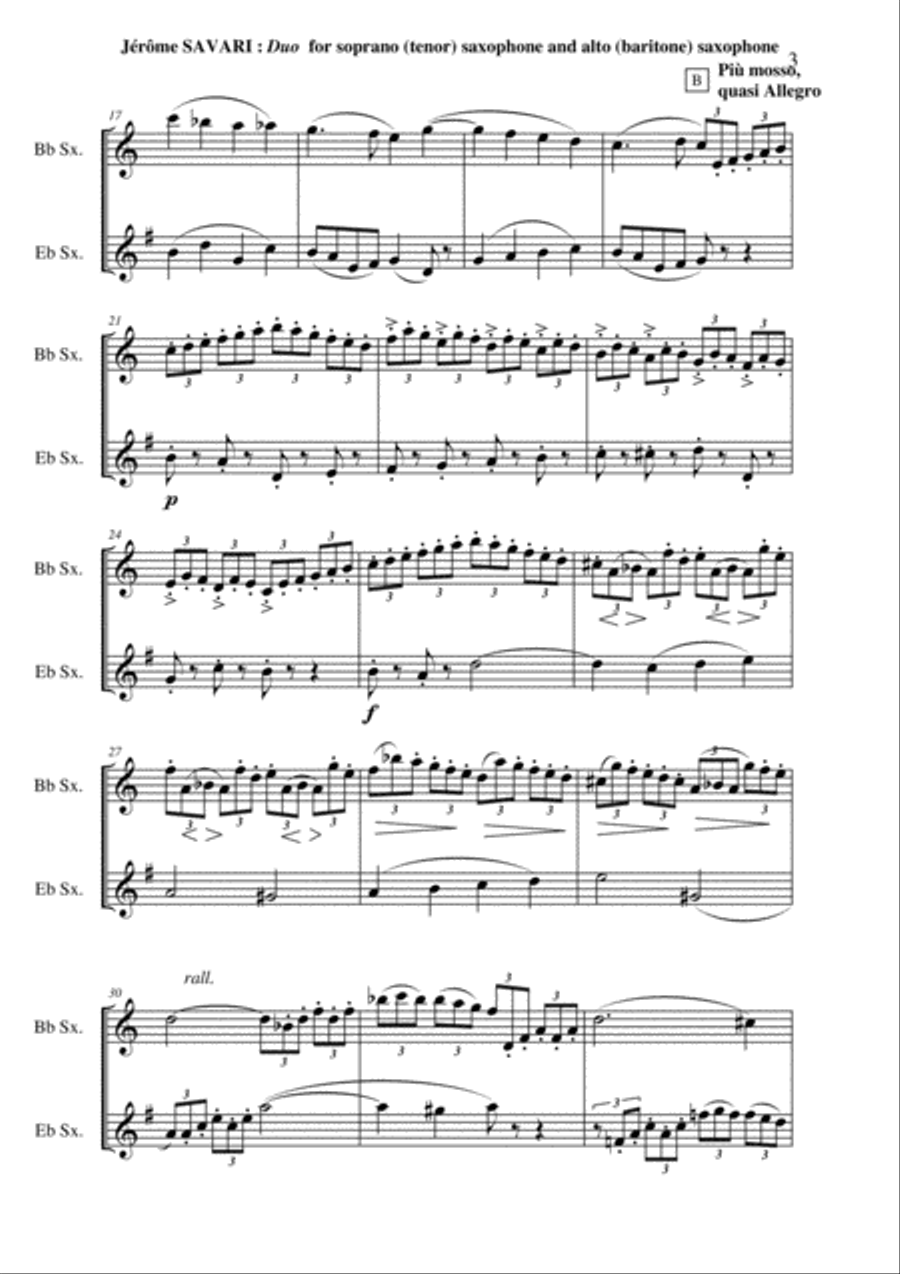 Jérôme SAVARI Duo for soprano saxophone and alto saxophone (or tenor saxophone and baritone saxophon Woodwind Duet scores gallery preview page 3