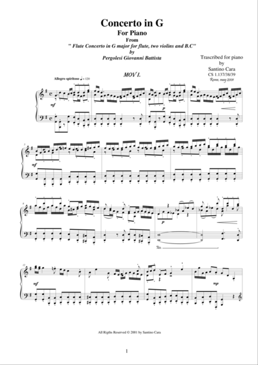 Pergolesi GB - Flute concerto in G - Complete Piano version Flute scores gallery preview page 1