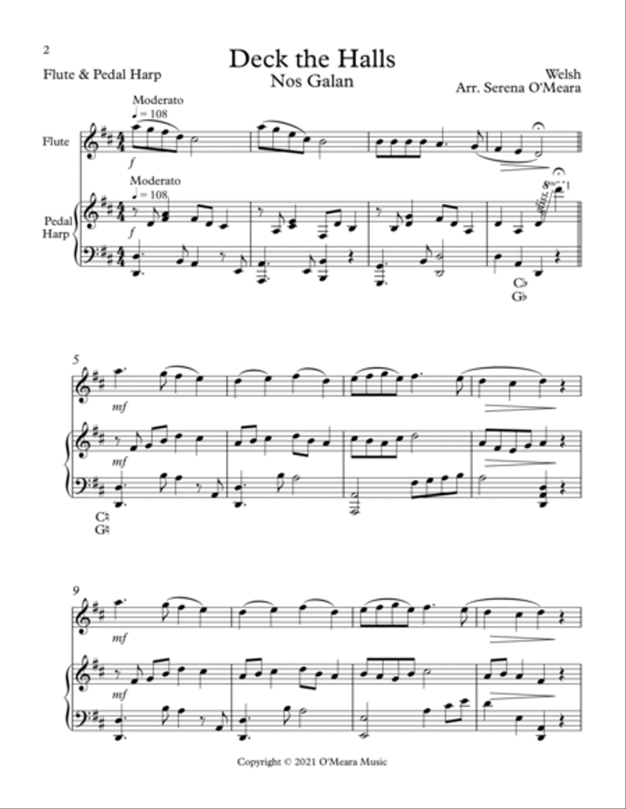 Deck The Halls, Duet for Flute and Pedal Harp Flute scores gallery preview page 2