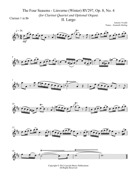 Vivaldi – L’inverno “Winter” 2. Largo from The Four Seasons - (for Clarinet Quartet) image number null