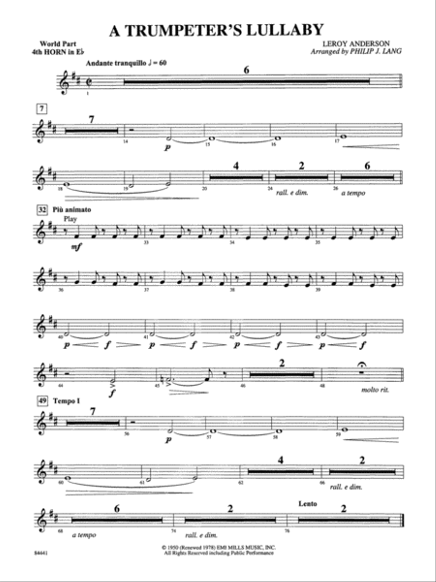 Trumpeter's Lullaby (with Trumpet Solo): (World Part) 4th Horn in E-flat Concert Band scores gallery preview page 1