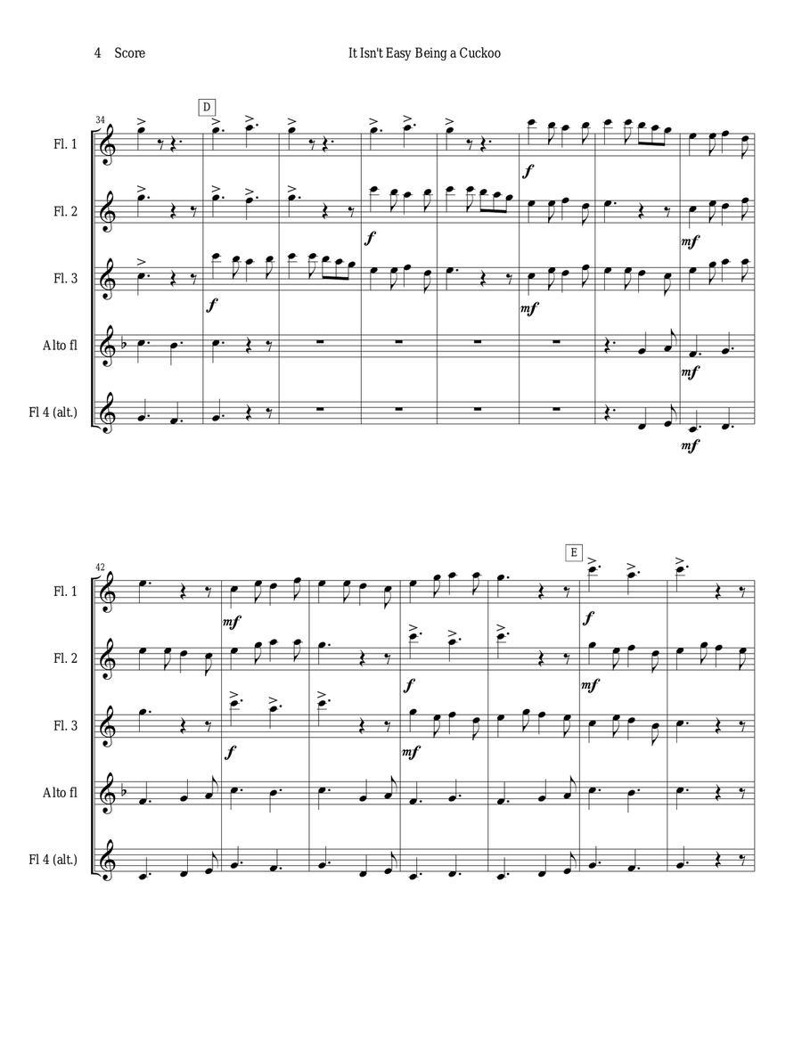 It Isn't Easy Being a Cuckoo for Flute Quartet Flute Quartet scores gallery preview page 4