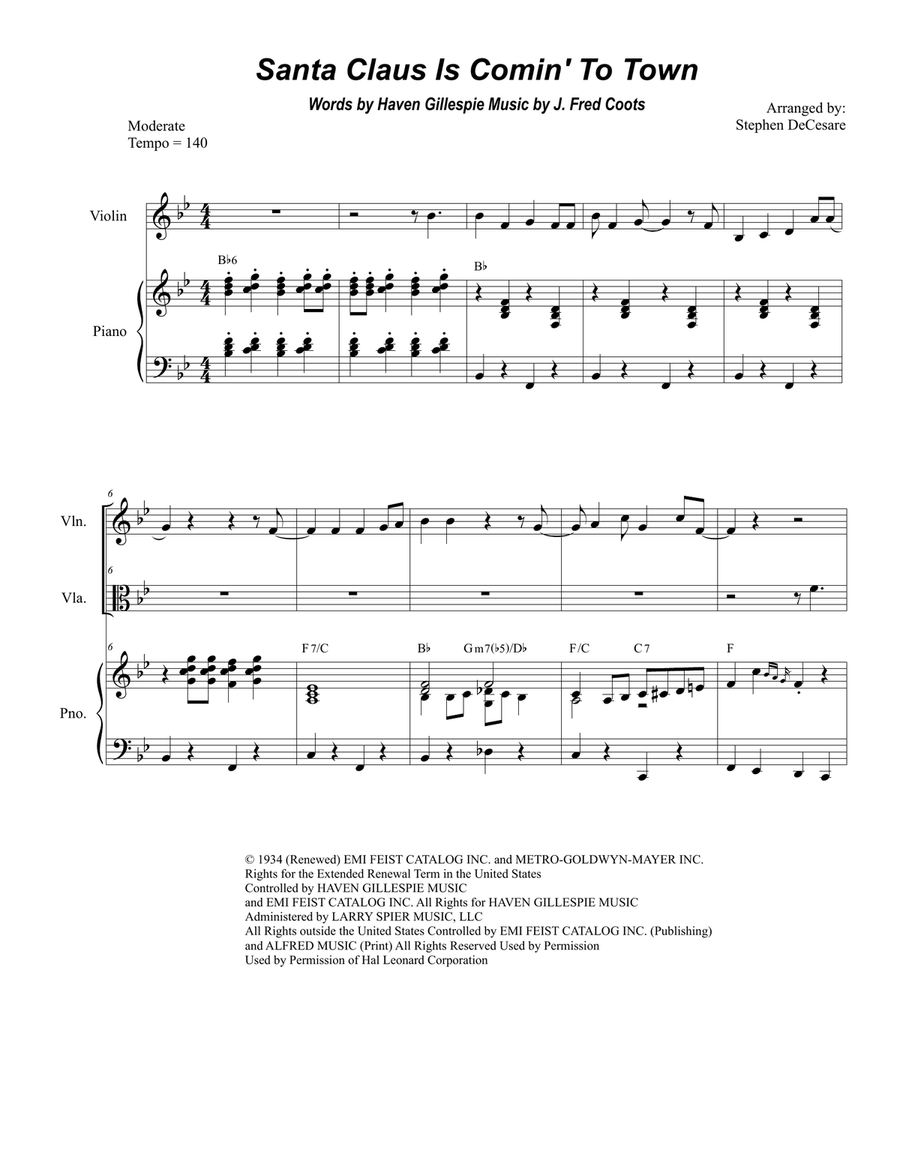 Santa Claus Is Comin' To Town by Steve Tyrell String Duet - Digital Sheet Music