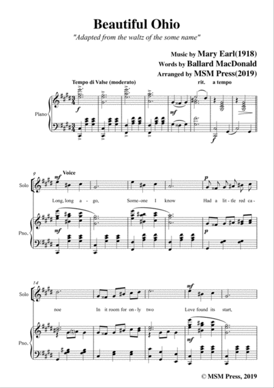 Mary Earl-Beautiful Ohio,in E Major,for Voice and Piano Voice Solo scores gallery preview page 3