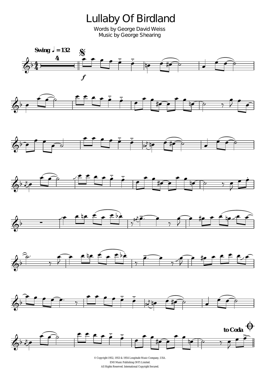Lullaby Of Birdland Tenor Saxophone scores gallery preview page 1