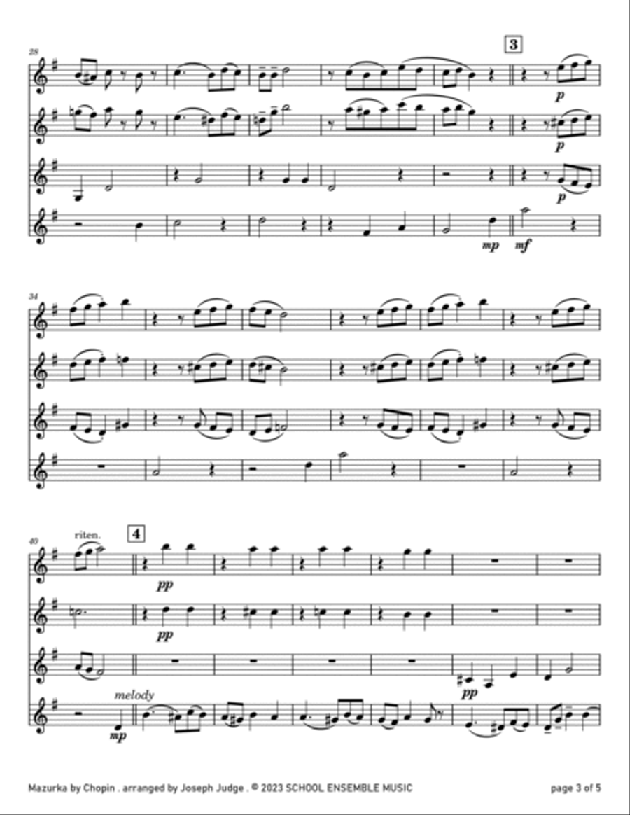 Mazurka by Chopin for Clarinet Quartet in School Clarinet Quartet scores gallery preview page 3