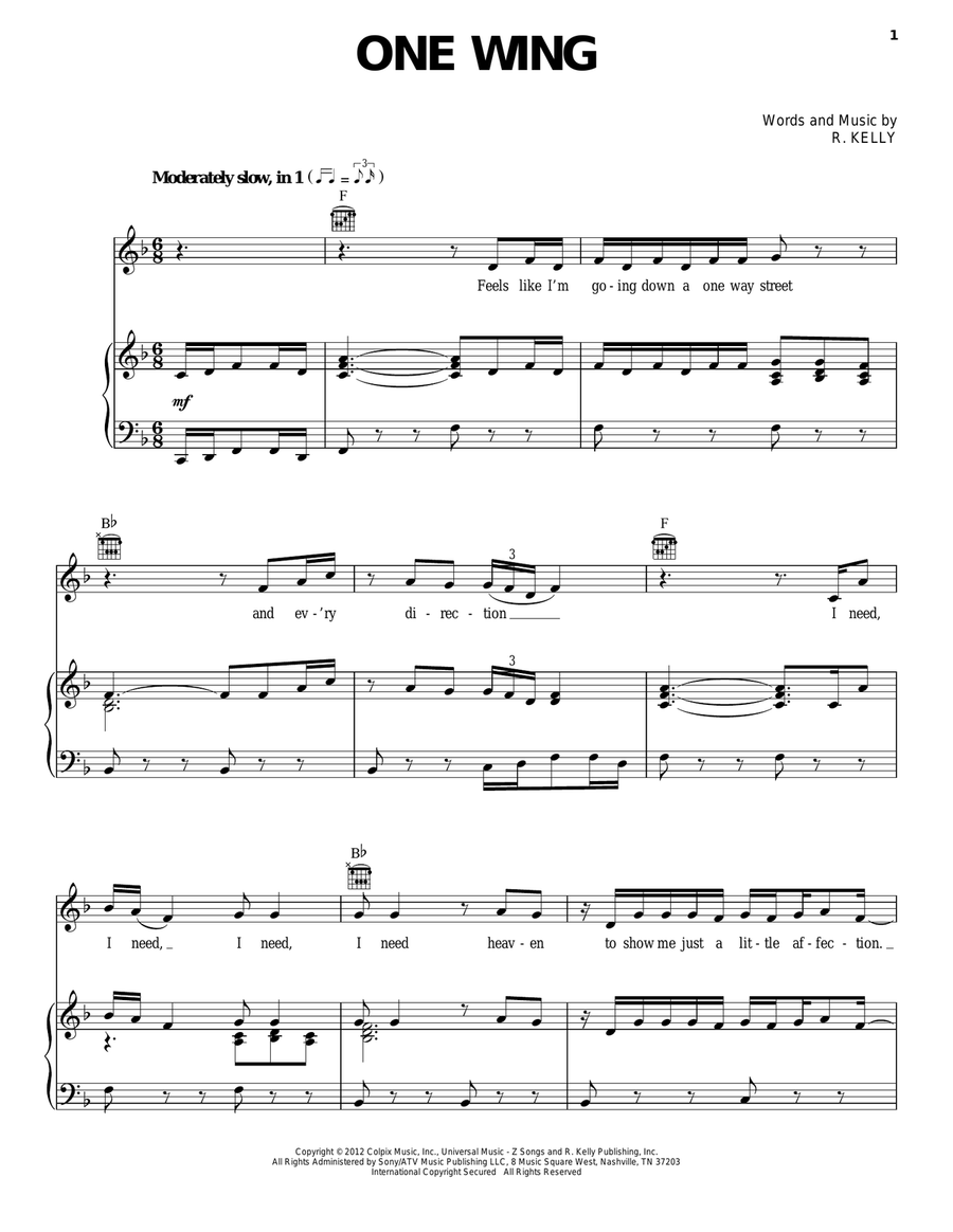 One Wing Piano, Vocal, Guitar scores gallery preview page 1