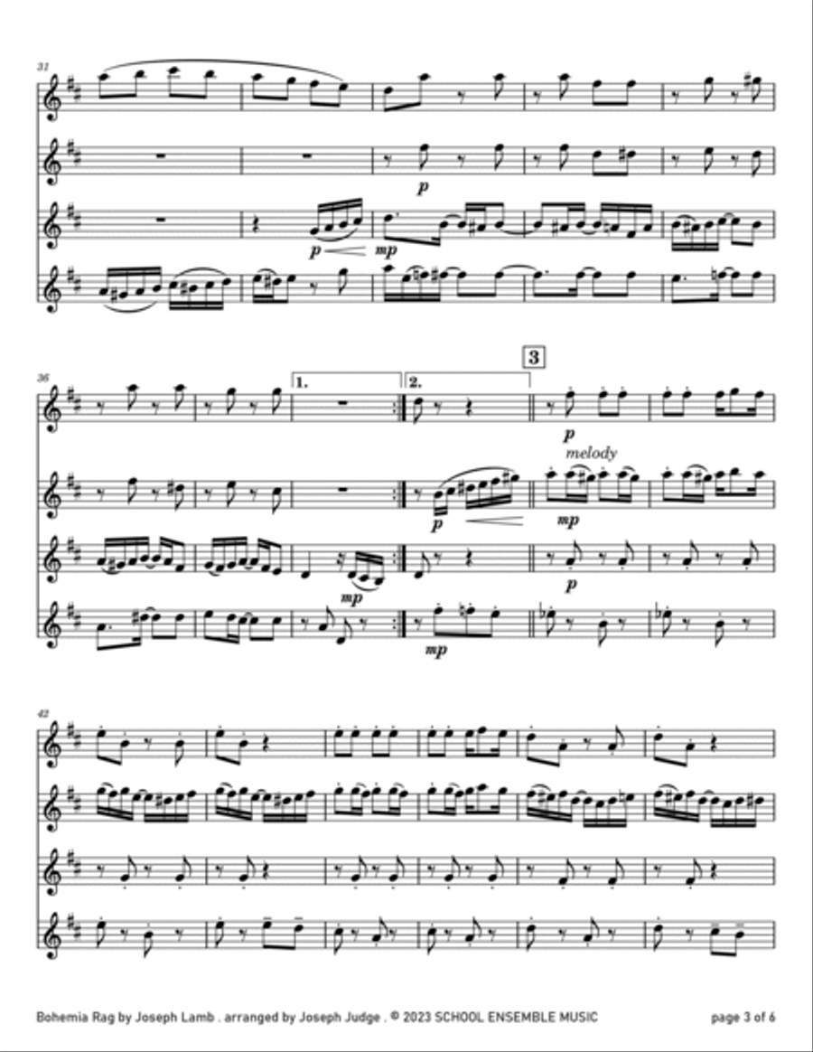 Bohemia Rag by Joseph Lamb for Clarinet Quartet Clarinet Quartet scores gallery preview page 3