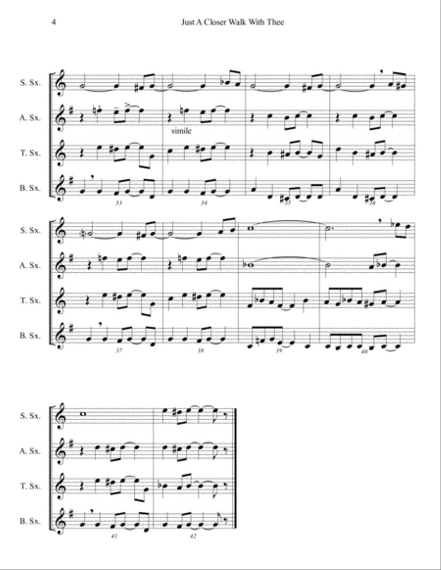 Just A Closer Walk With Thee - Saxophone Quartet (SATB or AATB) - Jazz Funeral Style Saxophone Quartet scores gallery preview page 4