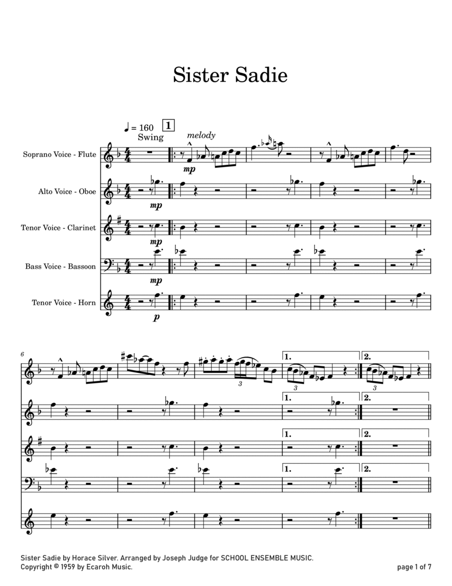 Sister Sadie Woodwind Quartet scores gallery preview page 1