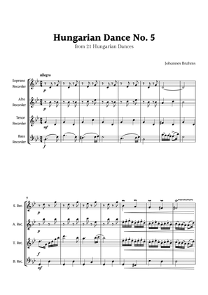 Hungarian Dance No. 5 by Brahms for Recorder Quartet