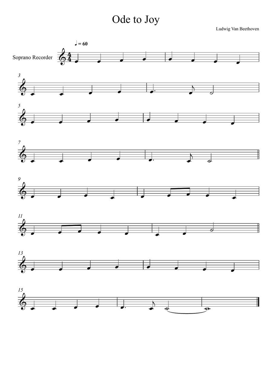 Beethoven - Ode to Joy (Soprano Recorder Solo) Very Easy Version Soprano Recorder scores gallery preview page 1