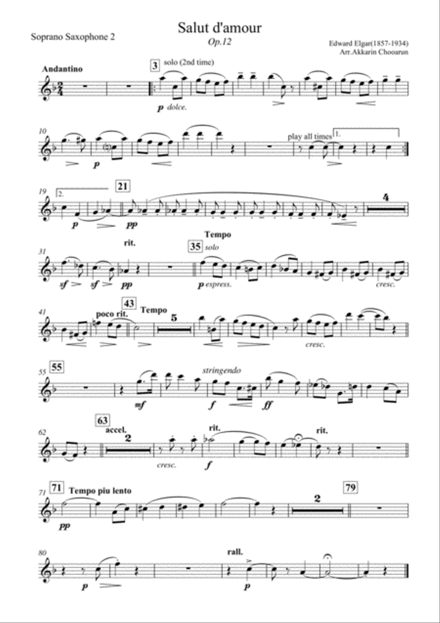 Salut D'Amour op.12; Edward Elgar for 12 Saxophone Woodwind Ensemble scores gallery preview page 2