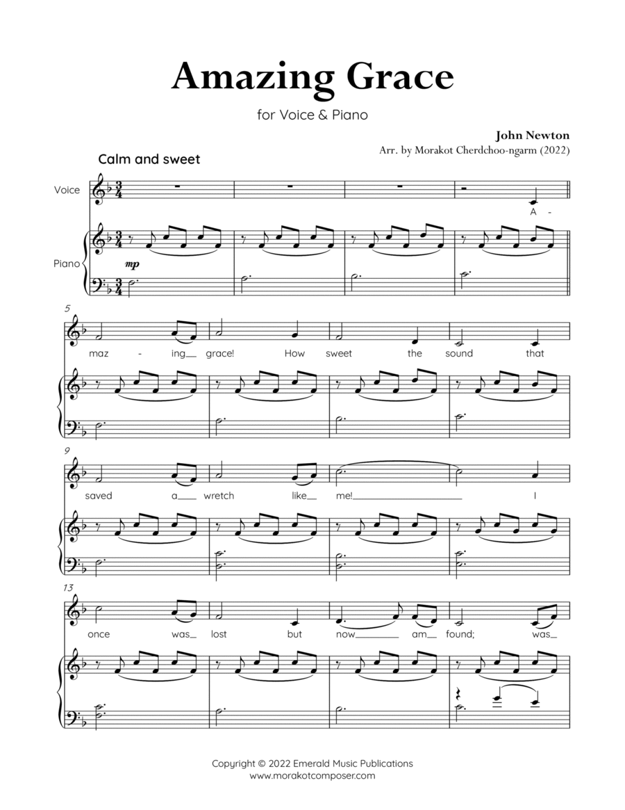 Amazing Grace for Voice & Piano (F Major) Medium Voice