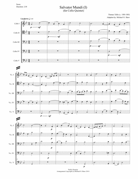Salvator Mundi by Thomas Tallis for Cello Quintet image number null