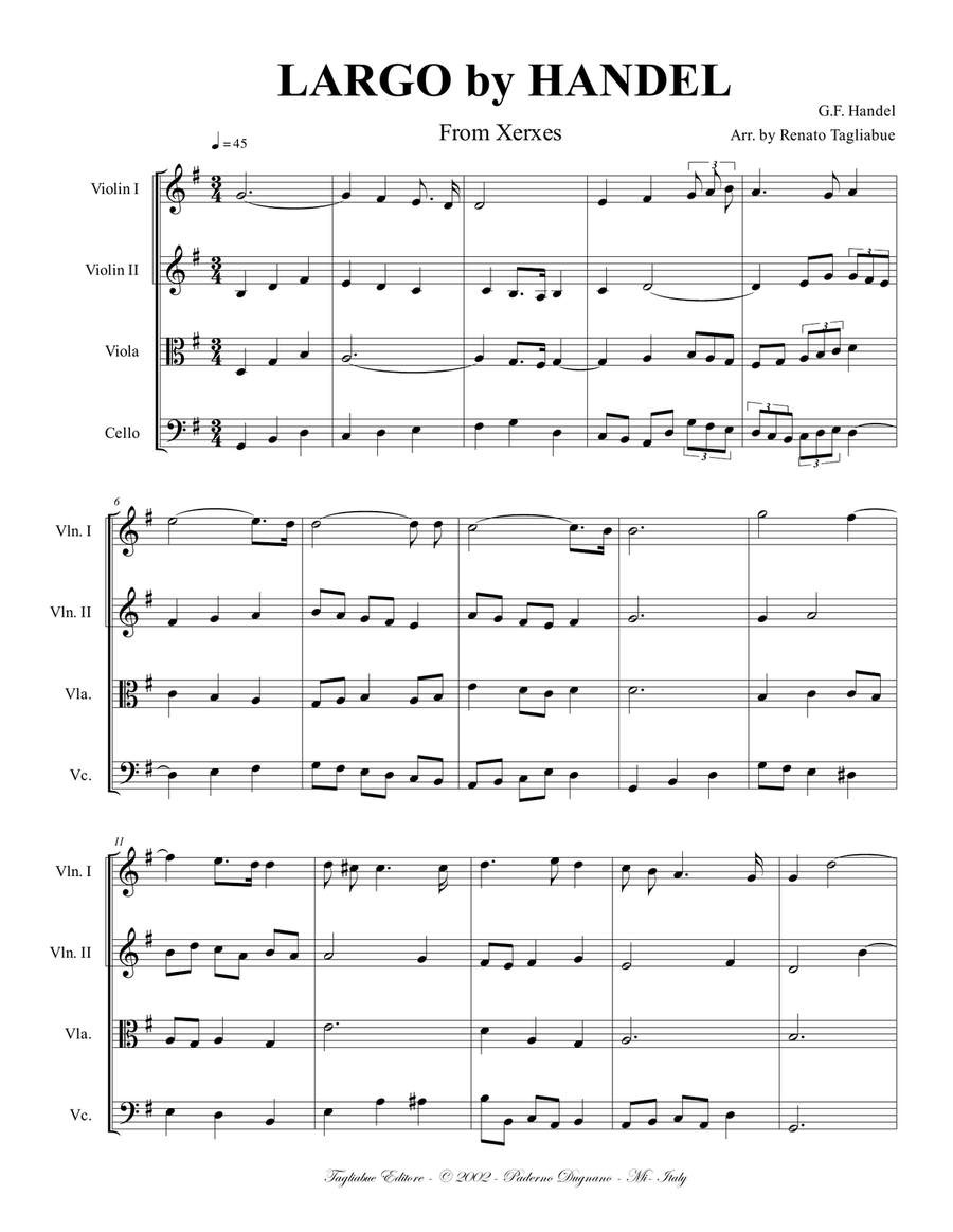 LARGO by Handel - (From Op. Xerxes; HWV 40) - Arr. for String Quartet String Quartet scores gallery preview page 2