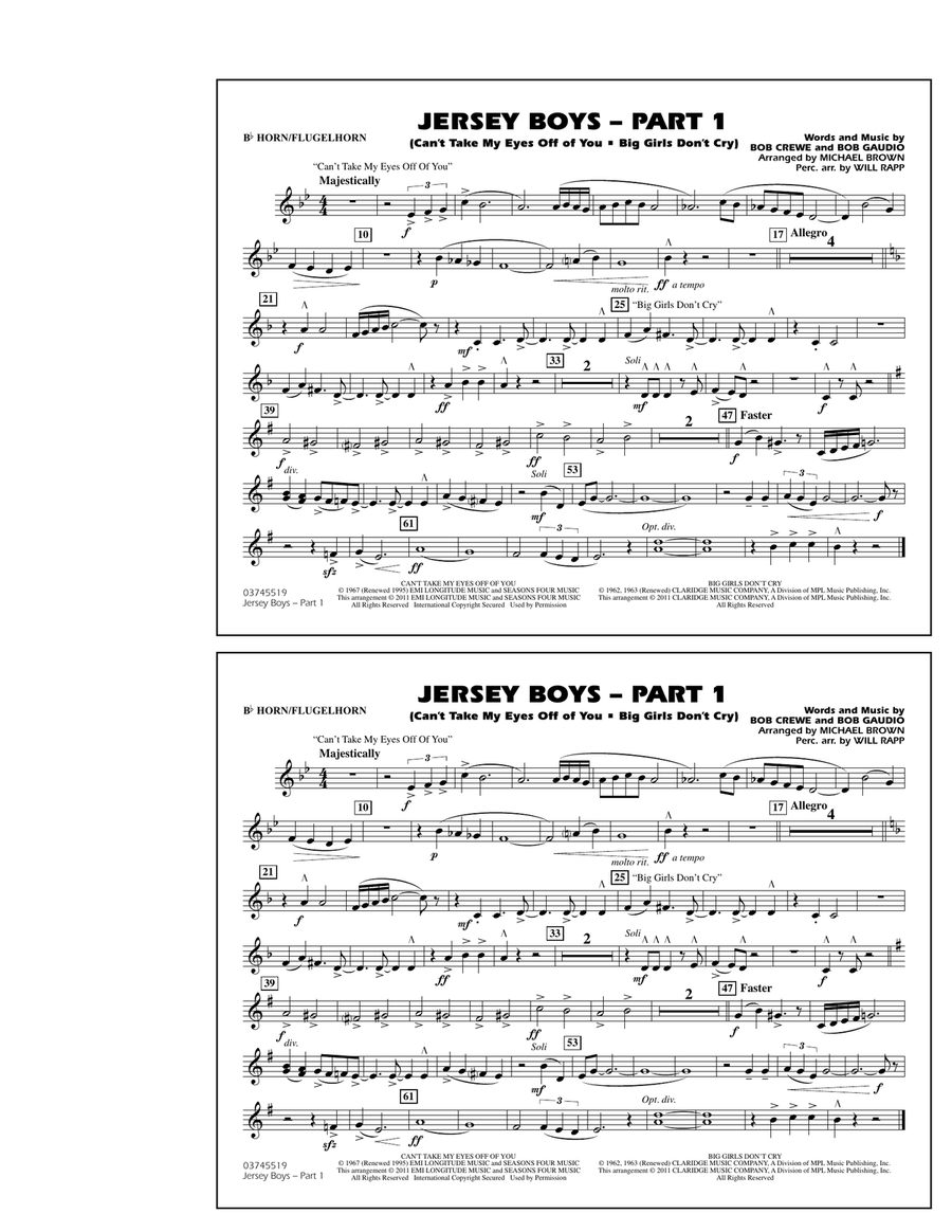Jersey Boys: Part 1 - Bb Horn/Flugelhorn Marching Band scores gallery preview page 1