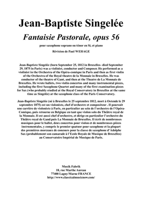 Book cover for Jean-Baptiste Singelée: Fantaisie Pastorale, opus 56 pour saxophone soprano ou ténor en Sib et piano