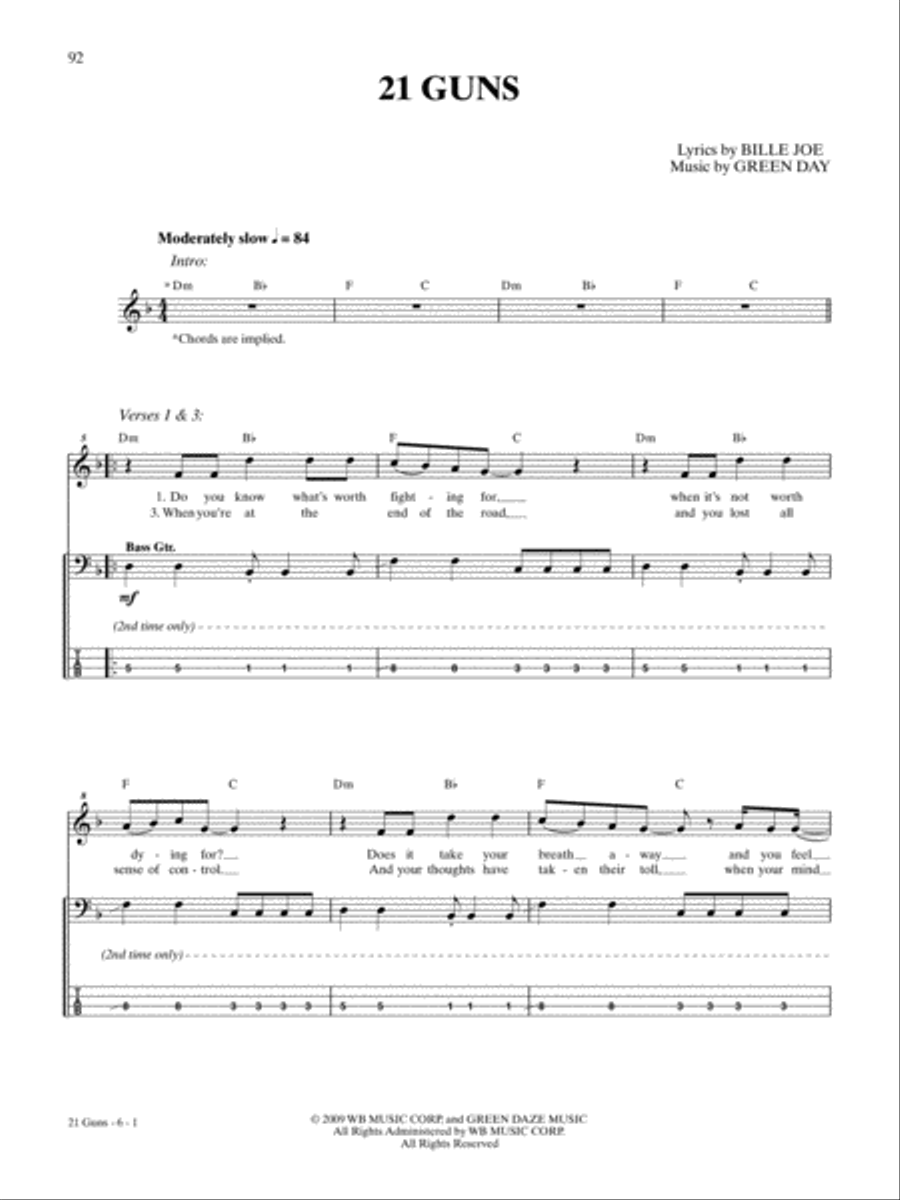 21 Guns 21 Guns Bass Guitar Tablature scores gallery preview page 1