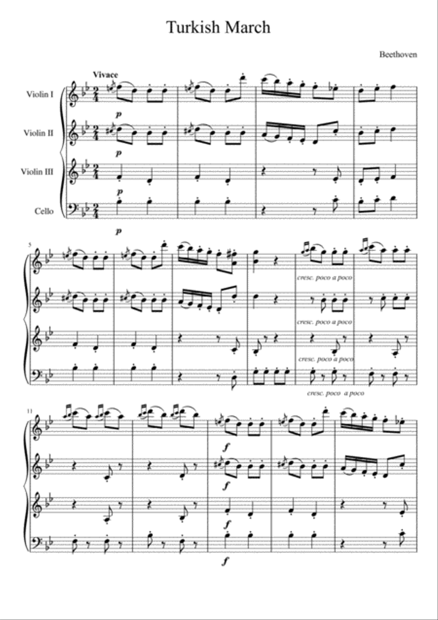 Turkish March (three violins and cello) String Quartet scores gallery preview page 2