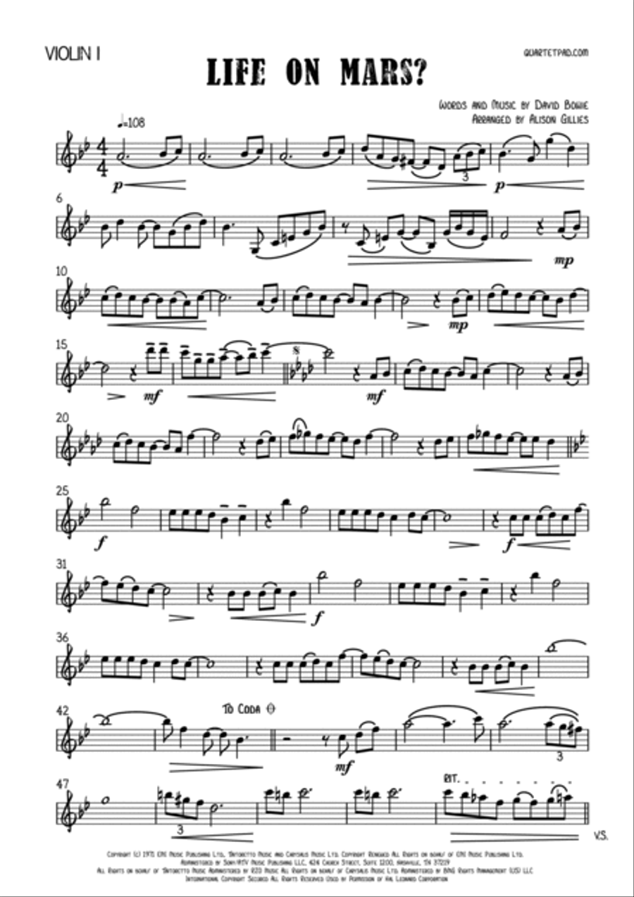 Life On Mars String Quartet scores gallery preview page 6