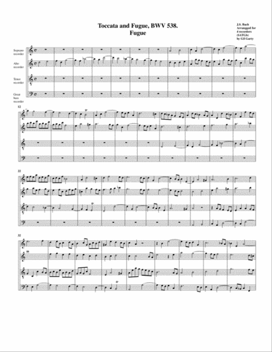 Fugue for organ, BWV 538/II (Arrangement for 4 recorders) Recorder scores gallery preview page 1