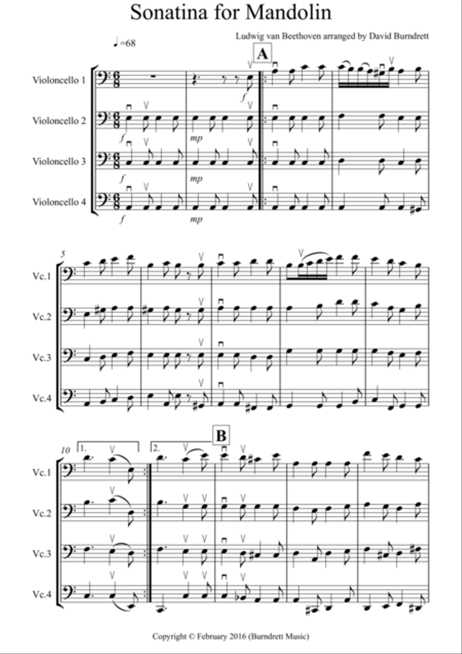 Sonatina by Beethoven for Cello Quartet Cello Solo scores gallery preview page 1