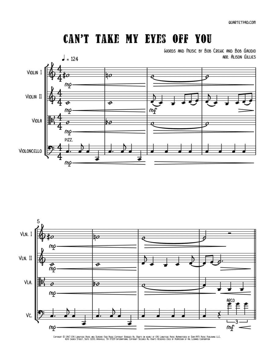 Can't Take My Eyes Off Of You String Quartet scores gallery preview page 1