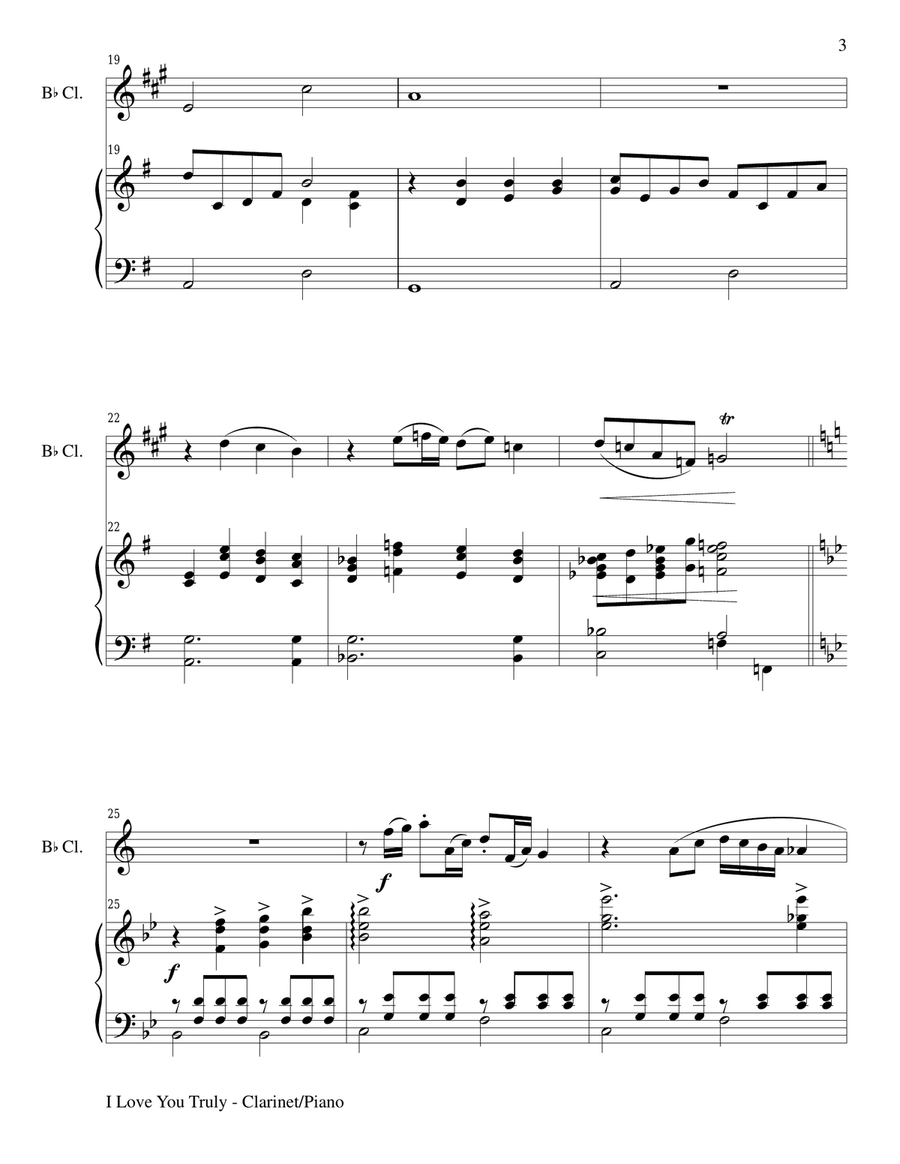 I LOVE YOU TRULY (Duet for Bb Clarinet/Piano with Score and Clar Part) B-Flat Clarinet scores gallery preview page 3