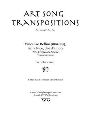 Book cover for BELIINI: Bella Nice, che d'amore (transposed to E-flat minor)
