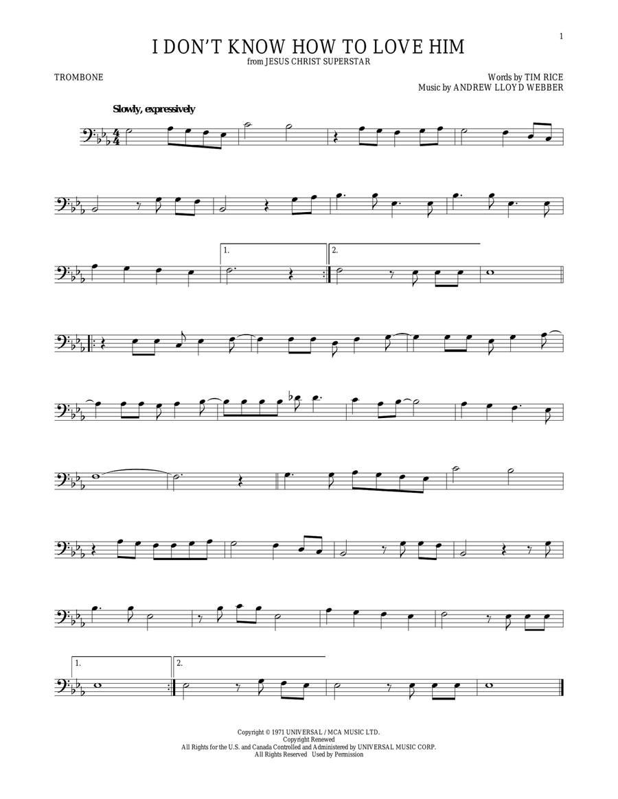 I Don't Know How To Love Him (from Jesus Christ Superstar) Trombone Solo scores gallery preview page 1