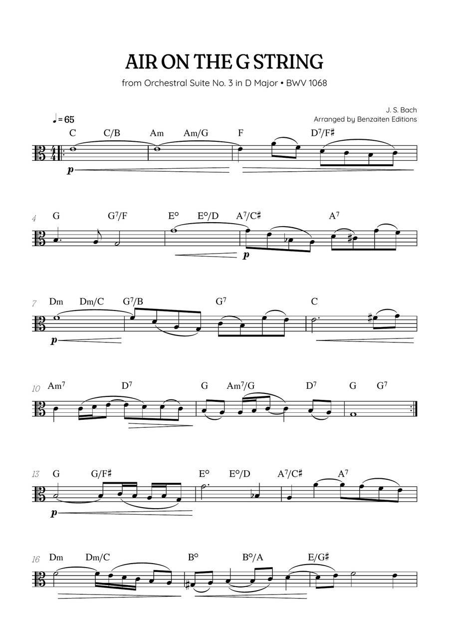 JS Bach • Air on the G String from Suite No. 3 BWV 1068 | viola sheet music w/ chords Viola Solo scores gallery preview page 1