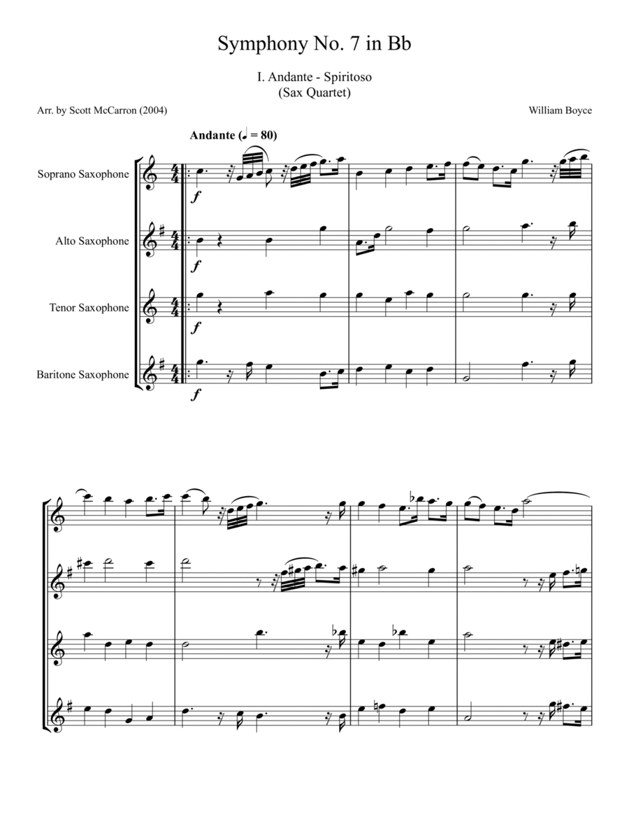 Symphony No. 7 in Bb Saxophone Quartet scores gallery preview page 1