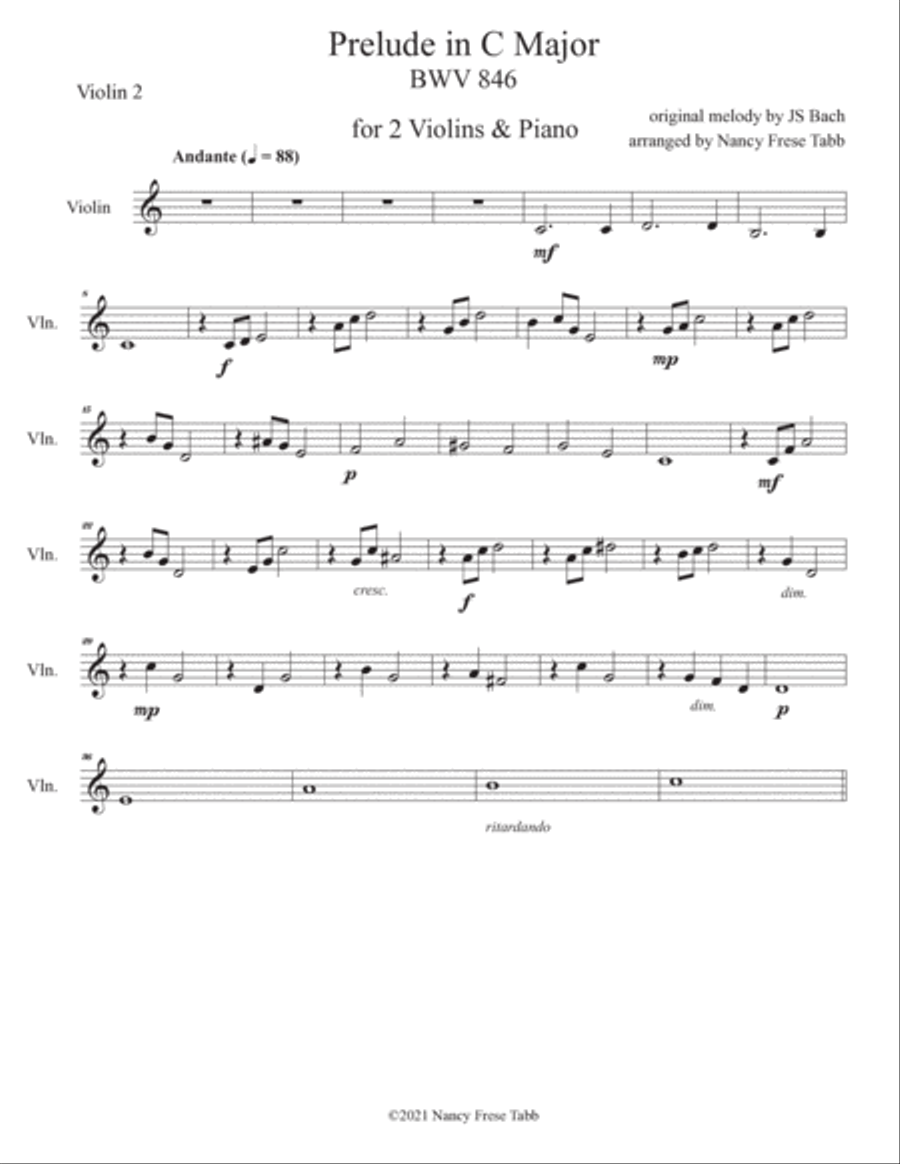Bach Prelude in C Major (BWV 846) arr. for Two Violins & Piano Violin Solo scores gallery preview page 3